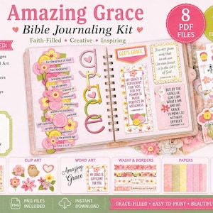 May include: An Amazing Grace Bible journaling kit featuring 8 PDF files and 47 PNG elements. The kit includes printable journal pages, word art, washi strips, stickers, labels, and clip art with floral designs and religious text in pink and yellow.