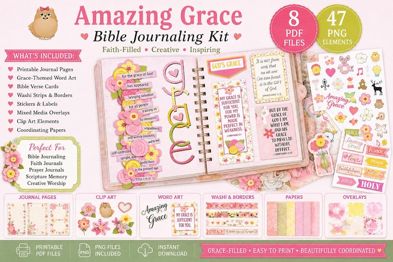 May include: An Amazing Grace Bible journaling kit featuring 8 PDF files and 47 PNG elements. The kit includes printable journal pages, word art, washi strips, stickers, labels, and clip art with floral designs and religious text in pink and yellow.
