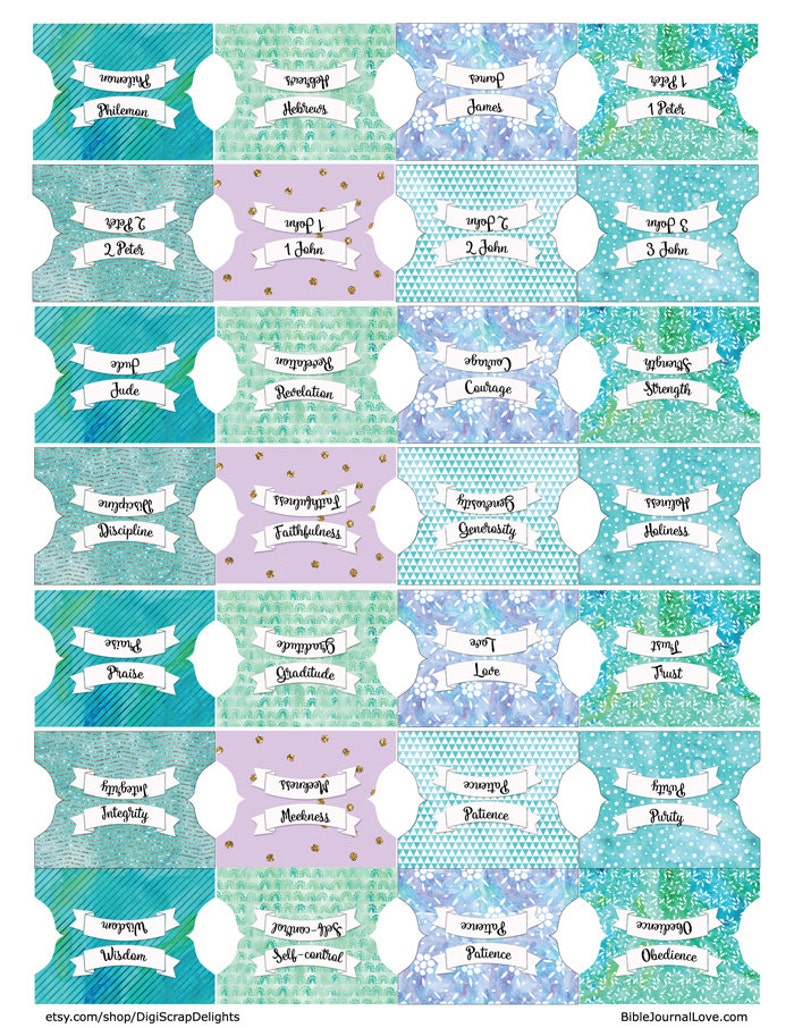 Printable Bible Tabs for Bible Journalling / 66 Books of the Bible / & Blank Tabs/ Blue, Green, Purple, Watercolor and Glitter image 4