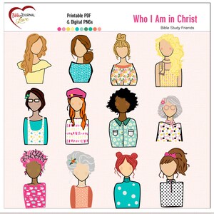 Peut inclure: Un ensemble de 12 illustrations num&eacute;riques imprimables de femmes avec diff&eacute;rentes coiffures, tons de peau et motifs de v&ecirc;tements. Les illustrations sont de style cartoon et ont un fond rose. Le texte "Who I Am in Christ" et "Bible Study Friends" est en haut de l'image.