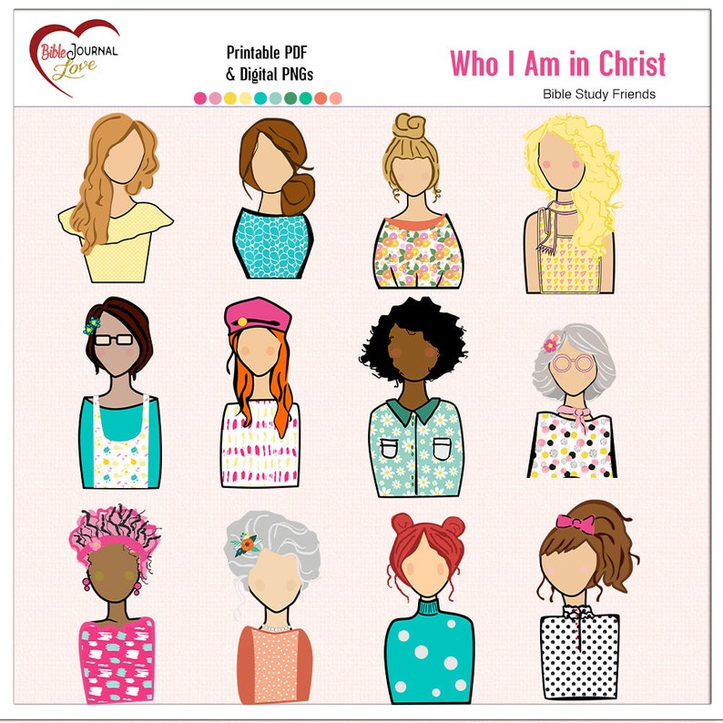 Peut inclure: Un ensemble de 12 illustrations num&eacute;riques imprimables de femmes avec diff&eacute;rentes coiffures, tons de peau et motifs de v&ecirc;tements. Les illustrations sont de style cartoon et ont un fond rose. Le texte "Who I Am in Christ" et "Bible Study Friends" est en haut de l'image.