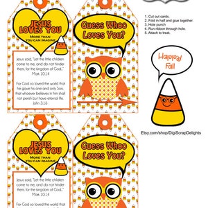 3 Sizes Printable Halloween Scripture Treat Tags. Candy Corn, Owls in Yellow, Orange, Black for Party Favors, Jesus Loves You image 4