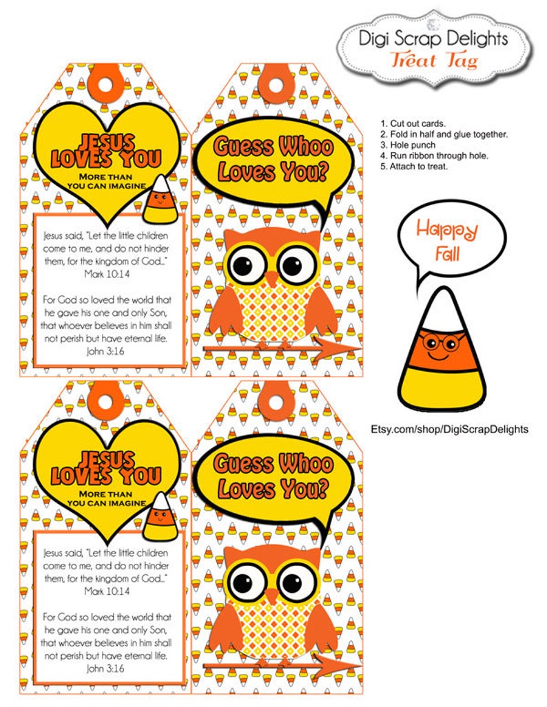 3 Sizes Printable Halloween Scripture Treat Tags. Candy Corn, Owls in Yellow, Orange, Black for Party Favors, Jesus Loves You image 4