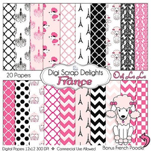 Pink & Black France Digital Paper Pack: Poodles, Eiffel Tower (Instant Download)