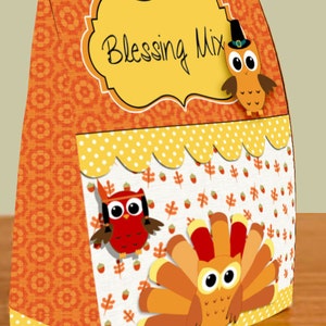 May include: A brown paper bag with a yellow label that says "Blessing Mix". The bag is decorated with orange and white owls and a turkey with a brown, orange, and yellow tail.