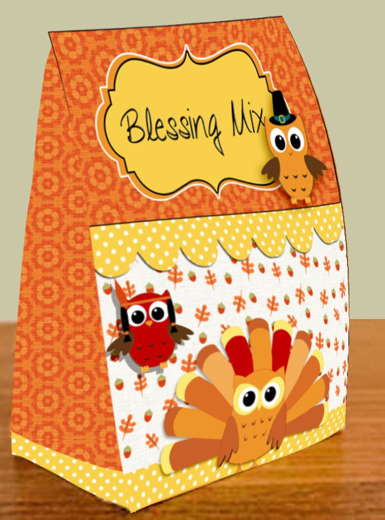 May include: A brown paper bag with a yellow label that says "Blessing Mix". The bag is decorated with orange and white owls and a turkey with a brown, orange, and yellow tail.