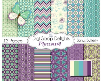 Pleasure Digital Scrapbook Paper in Turquoise Blue,  Purple for  Scrapbooking, Card Making, Photo Backgrounds, Instand Download