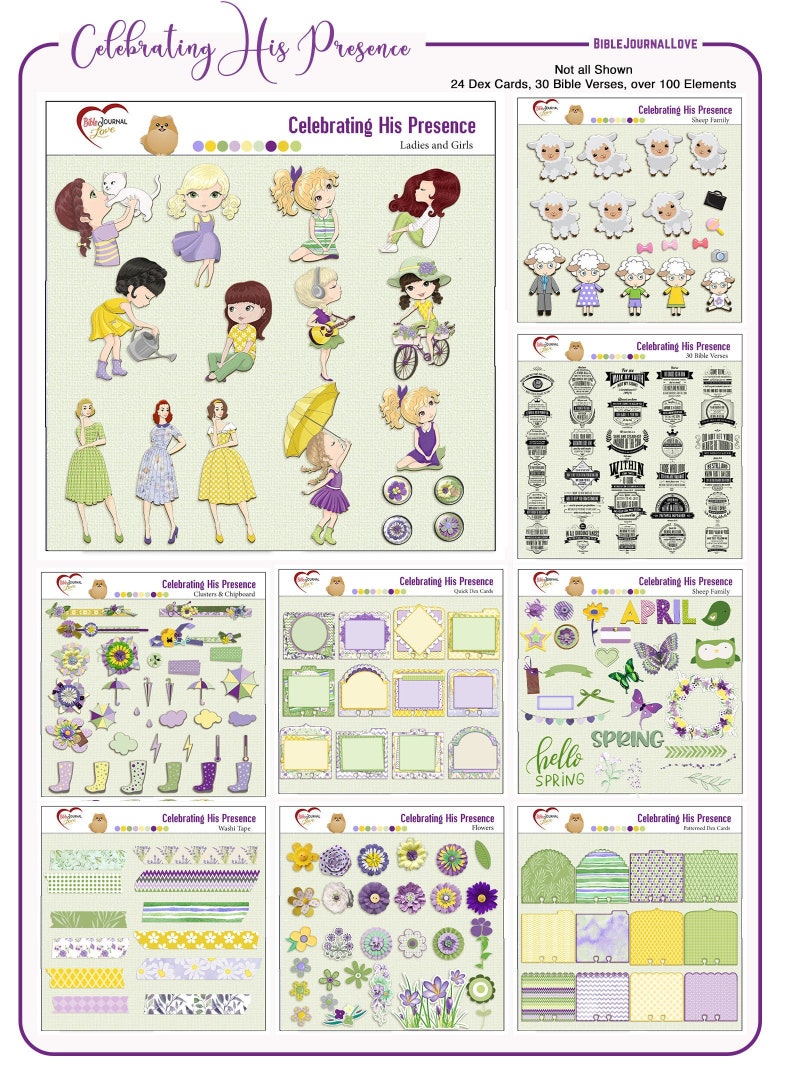 K&ouml;nnte beinhalten: Ein Set digitaler Scrapbooking-Elemente mit Illustrationen von Blumen, Schmetterlingen und anderen Fr&uuml;hlingsmotiven. Das Set enth&auml;lt eine Vielzahl von Rahmen, Bord&uuml;ren und anderen dekorativen Elementen. Der Text "Celebrating His Presence" erscheint auf mehreren der Elemente.