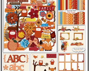 SAVE 60%  Fall Scrapbook Kit Bundle,  Autumn Owls, Leaves, Fox, Pumpkin, Clip Art Instant Download
