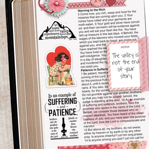 May include: A page from a journal with a pink heart sticker, a red heart sticker, and a sticker of a girl sitting on a chair. The page has handwritten text about patience and suffering. The text includes the quote "We learn more in our valley experiences than on our mountain tops".