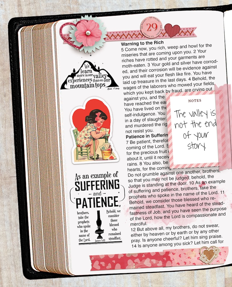May include: A page from a journal with a pink heart sticker, a red heart sticker, and a sticker of a girl sitting on a chair. The page has handwritten text about patience and suffering. The text includes the quote "We learn more in our valley experiences than on our mountain tops".