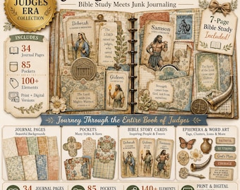 Judges Junk Journal Kit | Vintage Bible Ephemera, Pockets, Tags (58 PDF Printable and 214 PNG Elements Bundle)