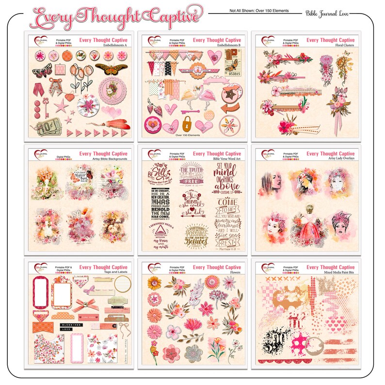 May include: A digital collage sheet with pink, white, and brown floral designs, including butterflies, flowers, and banners. The sheet also includes Bible verses and inspirational quotes. The sheet is titled "Every Thought Captive".