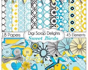 Sweet Birds Digital Scrapbook Kit in Blue and Yellow Gold w Quatrefoil Great for Bible journaling digitally !