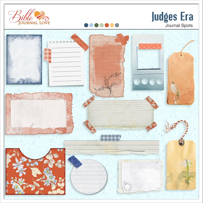 May include: A set of printable journal spots with a blue, orange, and brown color scheme. The spots are designed to look like vintage paper with torn edges and are perfect for adding a unique touch to your journal pages. The text "Judges Era Journal Spots" is at the top of the image.
