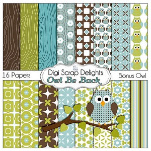 Owl Be Back Digital Scrapbooking  Scrapbook Paper (Blue, Green, Brown), Instant Download