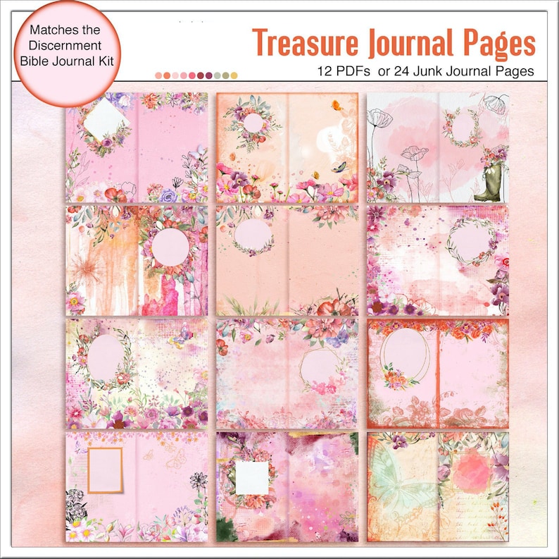 May include: Twelve printable pages for junk journaling, featuring a pink and white floral design with watercolor accents. The pages are designed to match the Discernment Bible Journal Kit.