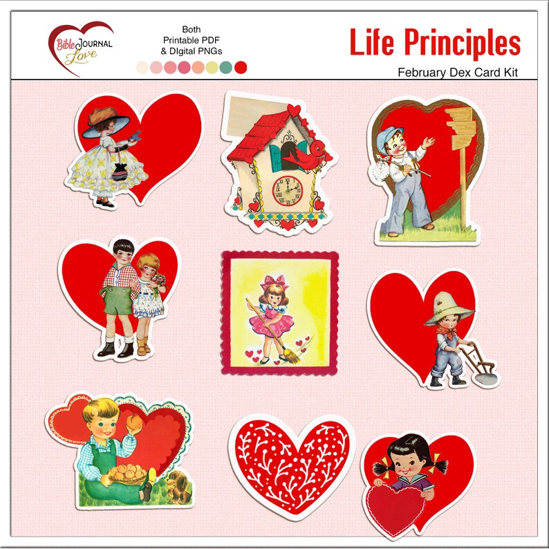 May include: A set of printable Valentine's Day cards featuring illustrations of children in vintage clothing. The cards are in the shape of hearts and feature various scenes, such as a girl holding a bird, a boy and girl holding a puppy, and a boy delivering mail. The cards are perfect for adding a touch of nostalgia to your Valentine's Day celebrations.