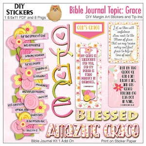 May include: A digital DIY sticker sheet for Bible journaling featuring the word Grace in large letters, floral accents, and rectangular text boxes with scripture verses. The design includes pink, yellow, and green colors with text such as God's Grace and My grace is sufficient for you, for my power is made perfect in weakness.