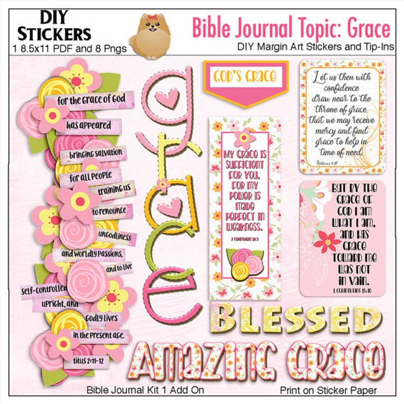 May include: A digital DIY sticker sheet for Bible journaling featuring the word Grace in large letters, floral accents, and rectangular text boxes with scripture verses. The design includes pink, yellow, and green colors with text such as God's Grace and My grace is sufficient for you, for my power is made perfect in weakness.