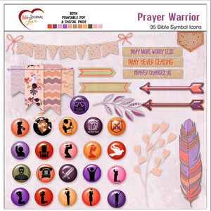 May include: A set of 35 printable Bible symbol icons for prayer warriors. The icons are in a variety of colours and styles, including purple, orange, and pink. The icons feature images of hands raised in prayer, doves, crosses, and other religious symbols. The text "Pray More Worry Less", "Pray Never Ceasing", and "Prayer Changes Us" is included in the image.