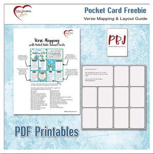 May include: A printable PDF guide for verse mapping and layout with Pocket Bible Journal cards. The guide includes a sample verse mapping grid with the text "Matthew 6:33" and "Seek first the kingdom of God" and a grid of blank squares for creating your own cards.