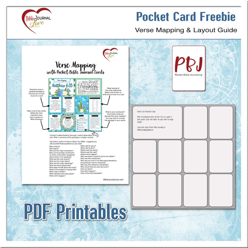 May include: A printable PDF guide for verse mapping and layout with Pocket Bible Journal cards. The guide includes a sample verse mapping grid with the text "Matthew 6:33" and "Seek first the kingdom of God" and a grid of blank squares for creating your own cards.