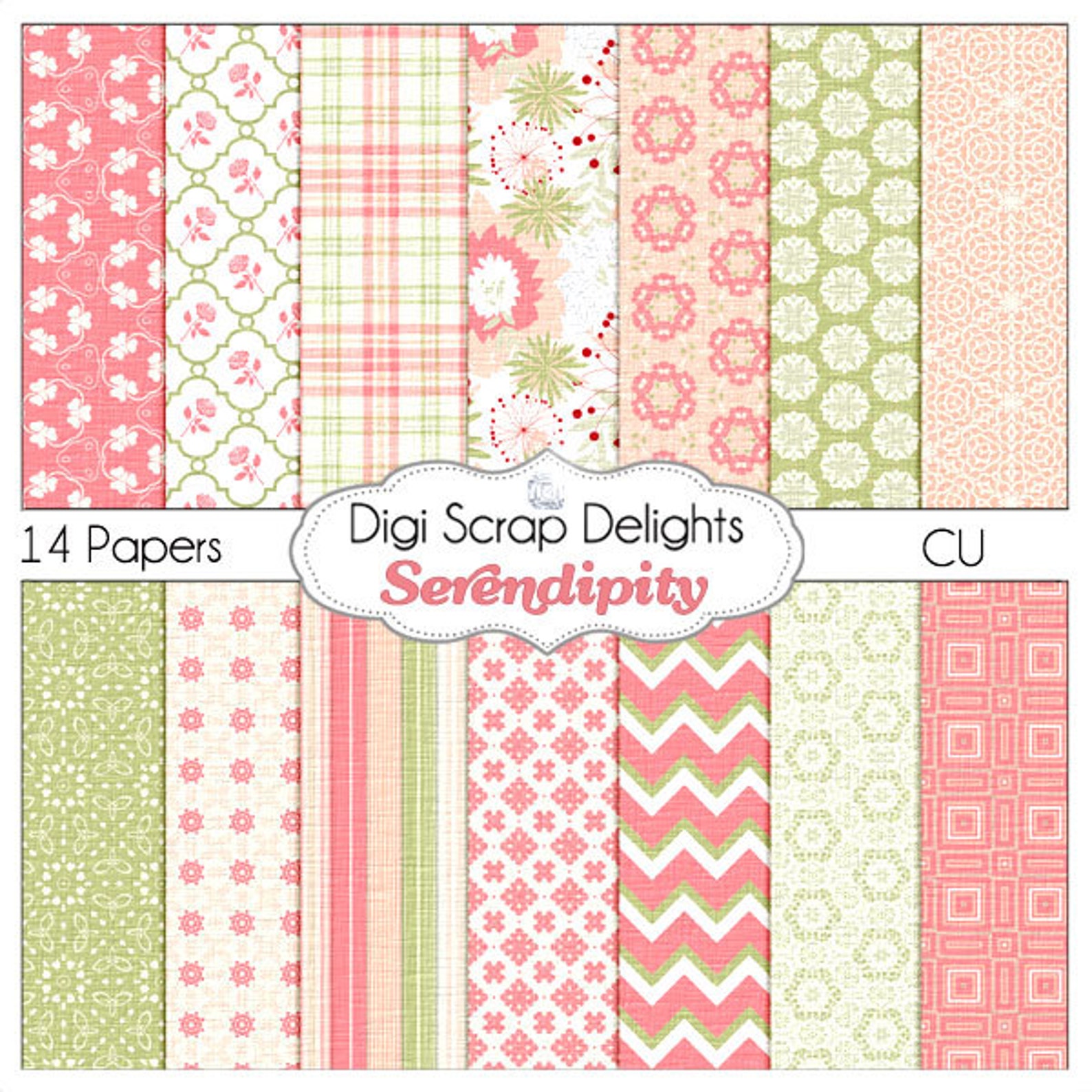 Download Coral Pink & Green Digital Papers: Serendipity in Textured ...