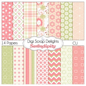 SALE 1.75 Coral Pink & Green Digital Papers: Serendipity in Textured Pink, Green, Gray Chevron, Quatrefoi, Instant Download image 1