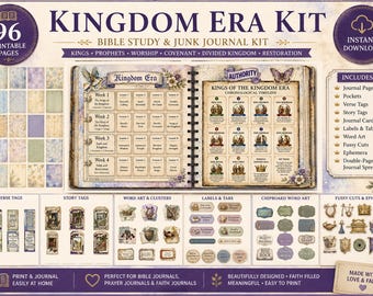 Kingdom Era Bible Journaling Kit | 90+ Papers, 80+ Pockets,  Ephemera, Journal Cards, Christian Junk Journal both PDF & Transparent PNGs