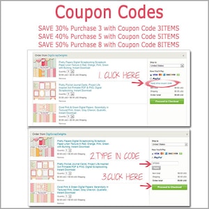 May include: A screenshot of a website with a coupon code offer for digital scrapbooking papers. The website shows three different paper packs with a discount for purchasing multiple packs. The text on the screen reads "Save 30% Purchase 3 with Coupon Code 3ITEMS", "Save 40% Purchase 5 with Coupon Code 5ITEMS", and "Save 50% Purchase 8 with Coupon Code 8ITEMS".