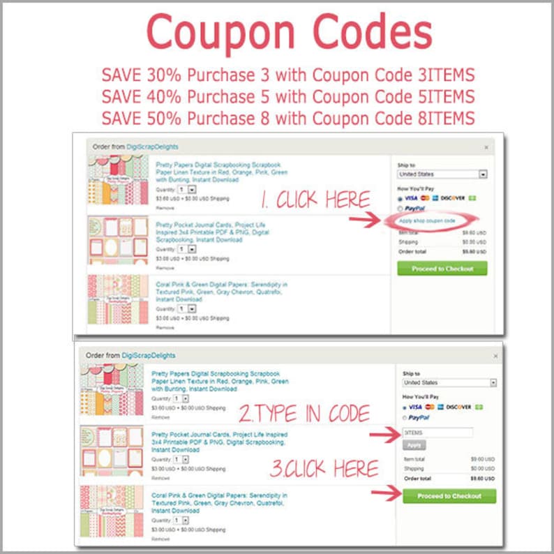 May include: A screenshot of a website with a coupon code offer for digital scrapbooking papers. The website shows three different paper packs with a discount for purchasing multiple packs. The text on the screen reads "Save 30% Purchase 3 with Coupon Code 3ITEMS", "Save 40% Purchase 5 with Coupon Code 5ITEMS", and "Save 50% Purchase 8 with Coupon Code 8ITEMS".