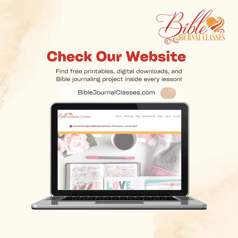 May include: A laptop displays a website with the text "Bible Journal Classes." The website features a coffee cup, flowers, and an open book. The image also includes the text "Check Our Website" and "BibleJournalClasses.com."
