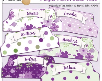 Printable Purple Floral Bible Tabs for Bible Journalling / 66 Books of the Bible / Topical Top Tabs & Blank Tabs