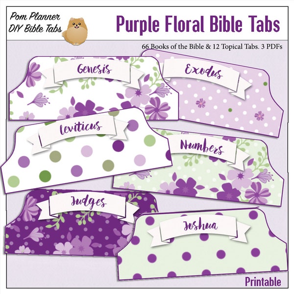 Printable Purple Floral Bible Tabs for Bible Journalling / 66 Books of the Bible / Topical Top Tabs & Blank Tabs