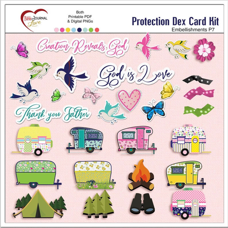 Puede incluir: Un conjunto de adornos digitales para scrapbooking coloridos que incluyen una variedad de im&aacute;genes, como mariposas, p&aacute;jaros, corazones, autocaravanas y una fogata. Tambi&eacute;n se incluyen los textos "Creation Reveals God" y "God is Love". Los adornos son perfectos para agregar un toque de fantas&iacute;a y fe a tus proyectos de scrapbooking digitales.