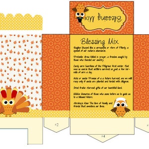 May include: A printable Thanksgiving-themed box template with a festive orange and yellow color scheme. The box features a cute owl illustration and the text "Blessing Mix". The text describes the contents of the box, which include bugles, pretzels, candy corn, nuts, dried fruit, and Hershey's Kisses. The box is designed to be assembled and filled with treats for a Thanksgiving celebration.