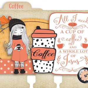 Puede incluir: Un fondo blanco con una ilustraci&oacute;n de taza de caf&eacute; y el texto "All I need is a cup of coffee and a whole lot of Jesus". La imagen tambi&eacute;n presenta una ni&ntilde;a de dibujos animados sosteniendo una taza de caf&eacute; y una hoja de oto&ntilde;o.