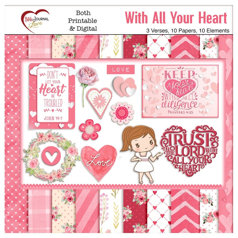 Valentine Heart Bible Journal Mini Kit: 3 Bible Verses 10 Papers and 10 Elements Both Printable & Digital image 1