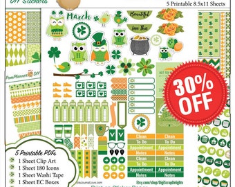 March Printable Stickers / St Patrick Owl Kit in Green Orange 5 Pdf Shamrocks, Owls, Irish, Washi Birds Flowers