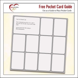 May include: A free printable guide for placing pocket cards. The guide is a grid with nine squares, each with a white background and a gray border. The text "Free Pocket Card Guide" is at the top of the page, and the text "Use as a Guide to Place Pocket Cards" is below it. The text "Pocket Card Placement Guide" is in the upper left corner of the grid. The text "Place on background layer and lock. Use as a guide to place pocket cards then delete the layer when no longer needed." is below it. The text "Learn more about Pocket Bible Journaling at BibleJournalingDigitally.com" is below that.