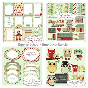 VENTE économisez 40 % : amoureux des livres, clipart, hiboux scolaires, lot de scrapbooking numérique scolaire, cartes Project Life, clipart livre, papiers numériques