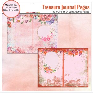 May include: Two pink and white floral patterned journal pages with gold frames. The text "Treasure Journal Pages" and "12 PDFs or 24 Junk Journal Pages" is at the top of the image.