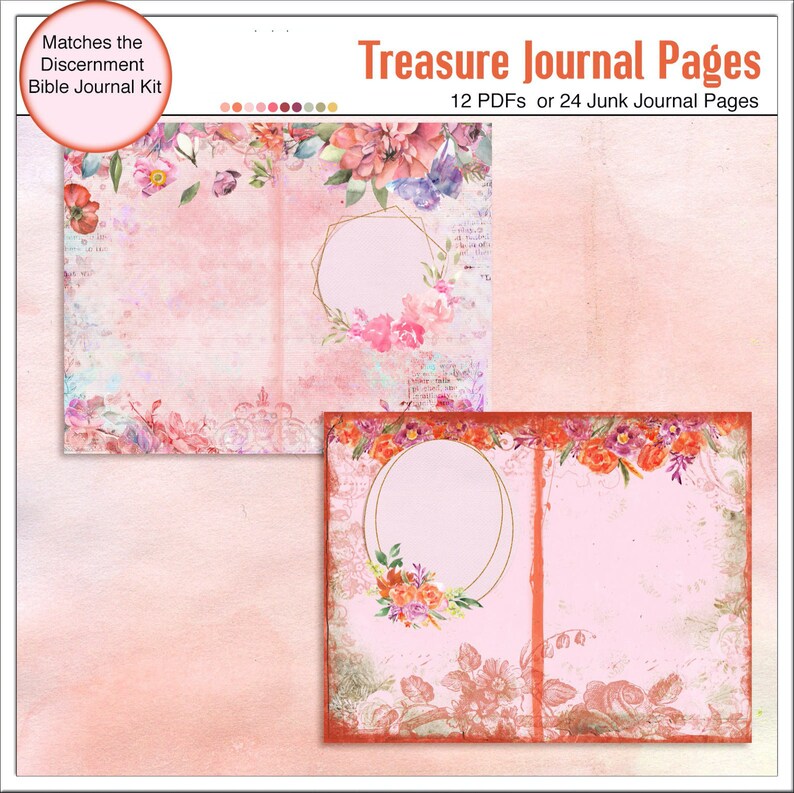 May include: Two pink and white floral patterned journal pages with gold frames. The text "Treasure Journal Pages" and "12 PDFs or 24 Junk Journal Pages" is at the top of the image.