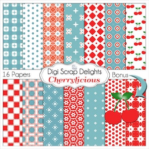 Red & Blue Aqua Digital Papers, Cherrylicious  Backgrounds for Digital Scrapbooking, Card Making, Phone Covers, Web Design, Instant Downloa