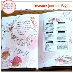 May include: A printable journal page with a pink and white floral design. The page includes a Bible verse, "And it is my prayer that your love may abound more and more, with knowledge and all discernment, so that you may approve what is excellent and so be pure and blameless for the day of Christ. Philippians 1:9-10."  The page also includes a section for scripture, context, cross references, key words, personalize it, and pray it.