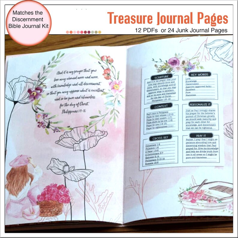 May include: A printable journal page with a pink and white floral design. The page includes a Bible verse, "And it is my prayer that your love may abound more and more, with knowledge and all discernment, so that you may approve what is excellent and so be pure and blameless for the day of Christ. Philippians 1:9-10."  The page also includes a section for scripture, context, cross references, key words, personalize it, and pray it.