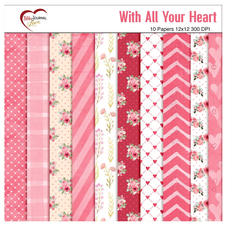 Valentine Heart Bible Journal Mini Kit: 3 Bible Verses 10 Papers and 10 Elements Both Printable & Digital image 3