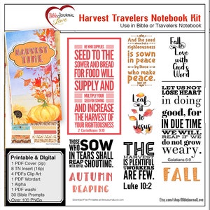 May include: A printable digital kit for a harvest-themed traveler's notebook. The kit includes a cover, inserts, clip art, word art, alpha, washi, Bible prompts, and PNGs. The kit features fall colors and imagery, including pumpkins, leaves, and sunflowers. The text on the image reads "Harvest Time", "He who supplies seed to the sower and bread for food will supply and", "Multiply your seed for sowing and increase the harvest of your righteousness", "Those who sow in tears shall reap shouting", "Autumn Reaping", "And the seed whose fruit is righteousness is sown in peace by those who make peace", "Leaf it to Jesus", "The harvest is plentiful, the workers are few", "Fall in love with God's word", "Let us not lose heart in doing good, for in due time we will reap if we do not grow weary", and "Fall".