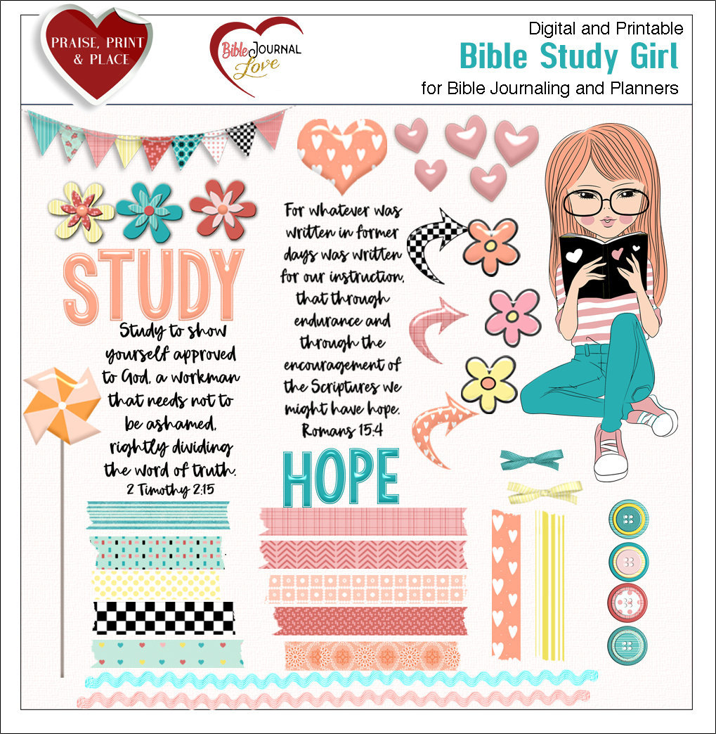 Bible Journal Kit Printable & Digital . Bible Study Girl Clip print PDF on  Sticker or Copy Paper OR Use in Photoshop Elements 
